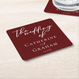 Elegant Burgundy Typography Evening Wedding Square Paper Coaster