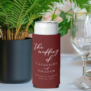 Elegant Burgundy Typography Personalised Wedding Seltzer Can Cooler