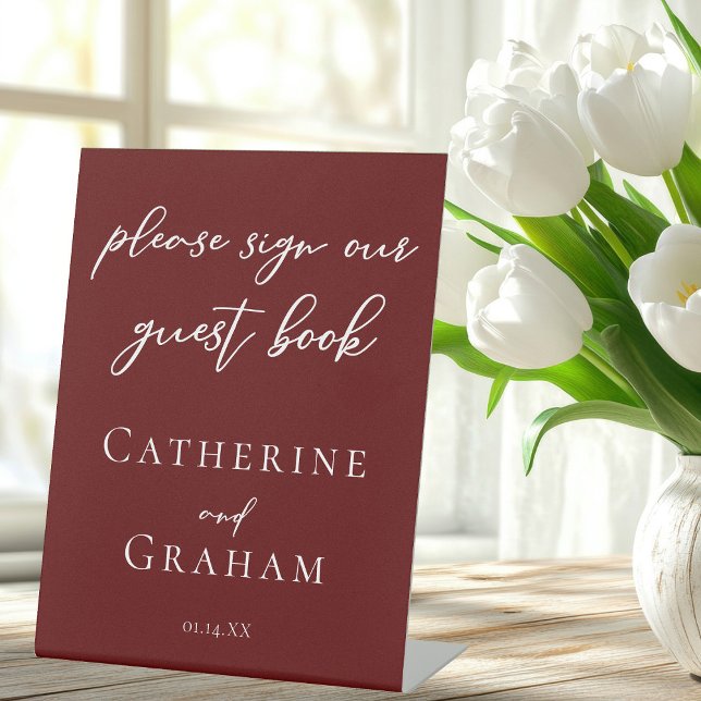 Elegant Burgundy Typography Wedding Guest Book Pedestal Sign (Creator Uploaded)