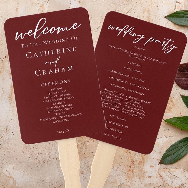 Elegant Burgundy Typography Wedding Program Hand Fan (Creator Uploaded)