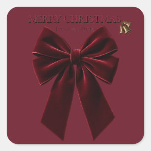 Elegant Burgundy Velvet Bow Merry Christmas Design Square Sticker