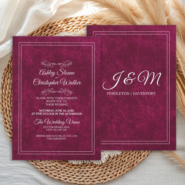 Elegant Burgundy Velvet White Monogram Wedding Invitation (Elegant velvet burgundy wedding invitation with back-of-invitation monogram)