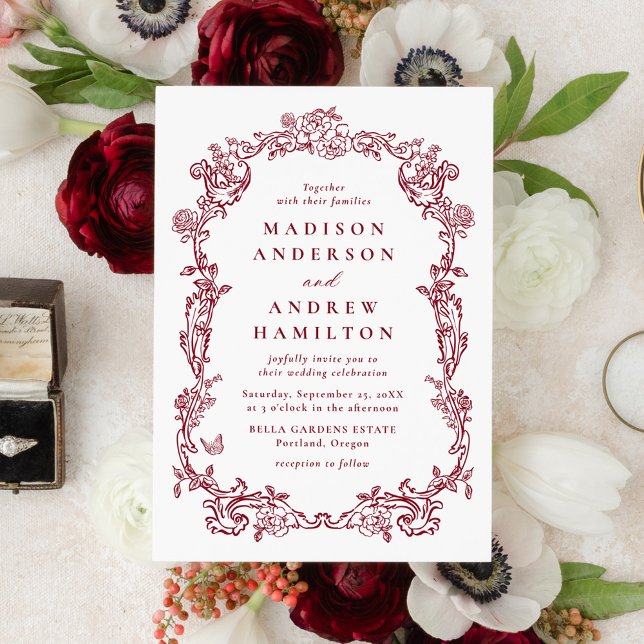 Elegant Burgundy Victorian Floral Frame Wedding Invitation (Creator Uploaded)
