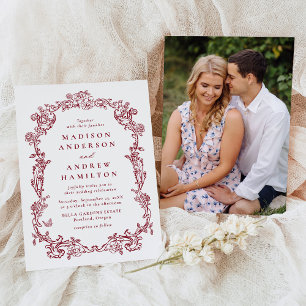 Elegant Burgundy Victorian Floral Frame Wedding Invitation
