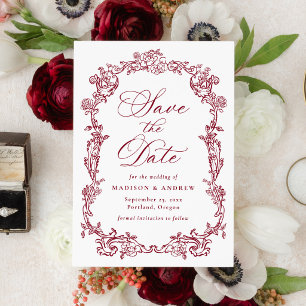 Elegant Burgundy Victorian Floral Frame Wedding Save The Date