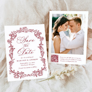 Elegant Burgundy Victorian Floral QR Code Wedding Save The Date