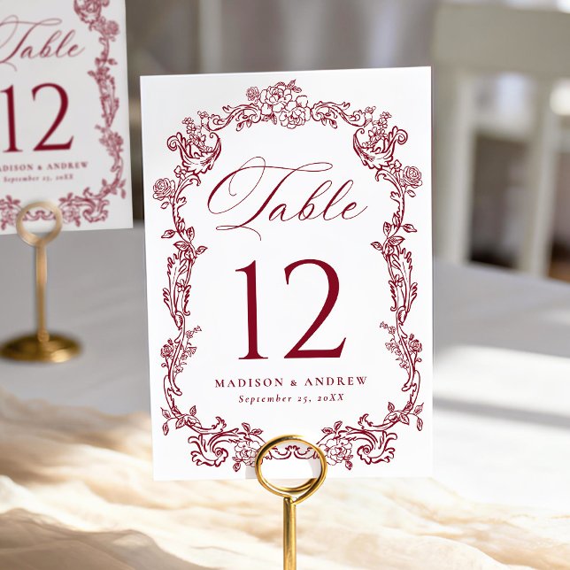 Elegant Burgundy Victorian Floral Wedding Table Number (Creator Uploaded)