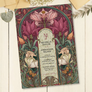 Elegant Burgundy Vintage Floral Art Nouveau Garden Invitation
