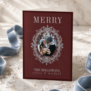 Elegant Burgundy Vintage Frame Photo Merry Holiday Card