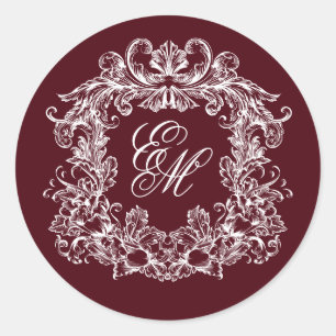 Elegant Burgundy Vintage Monogram Crest Wedding Classic Round Sticker