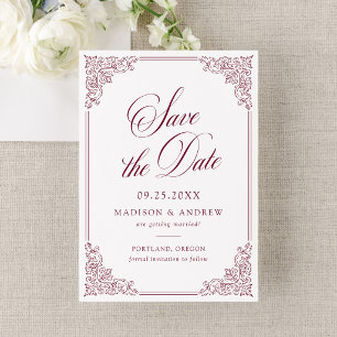 Elegant Burgundy Vintage Ornate Frame Wedding Save The Date