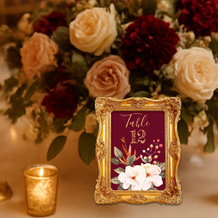 Elegant Burgundy Watercolor Blush Orange Floral Table Number