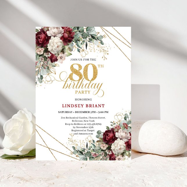 Elegant Burgundy Watercolor Floral 80th Birthday Invitation (Elegant Burgundy Watercolor Floral 80th Birthday)