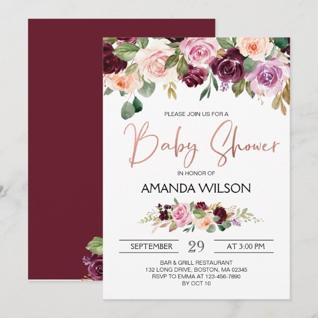 Elegant Burgundy Watercolor Floral Baby Shower Invitation (Front/Back)