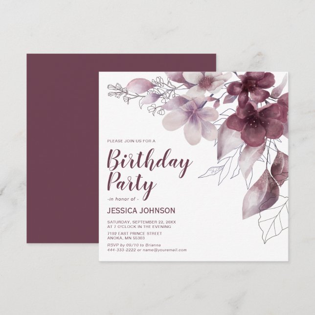Elegant Burgundy Watercolor Floral Birthday Invitation (Front/Back)