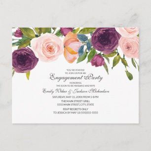 Elegant Burgundy Watercolor Floral Engagement Postcard