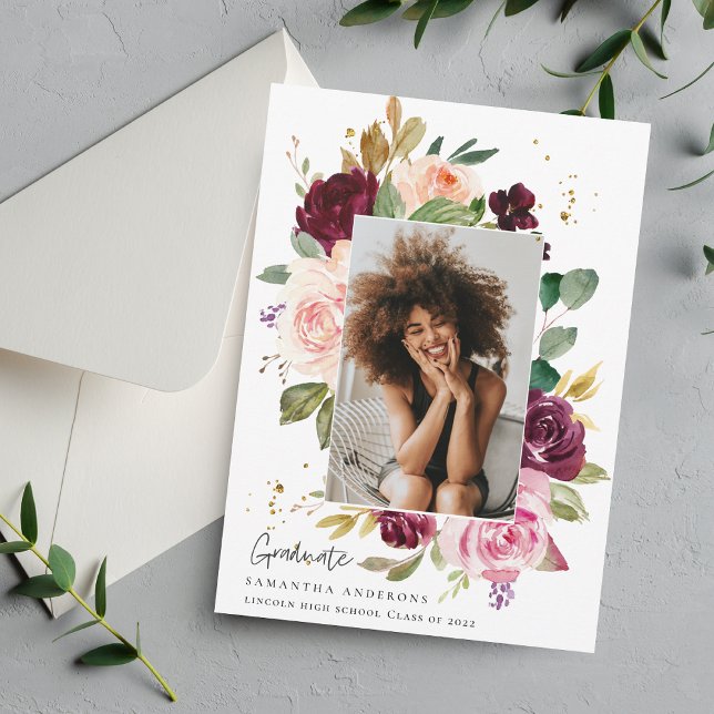 Elegant Burgundy Watercolor Floral Graduation  Invitation (Creator Uploaded)