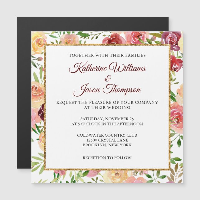 Elegant Burgundy Watercolor Floral Peony Gold Magnetic Invitation (Front/Back)