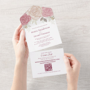 Elegant Burgundy Watercolor Floral QR Code Photo All In One Invitation
