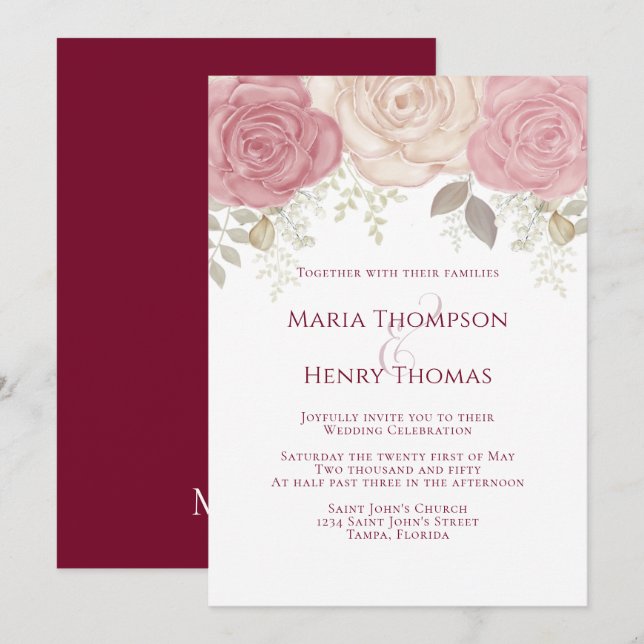 Elegant Burgundy Watercolor Floral Rose Gold Invitation (Front/Back)