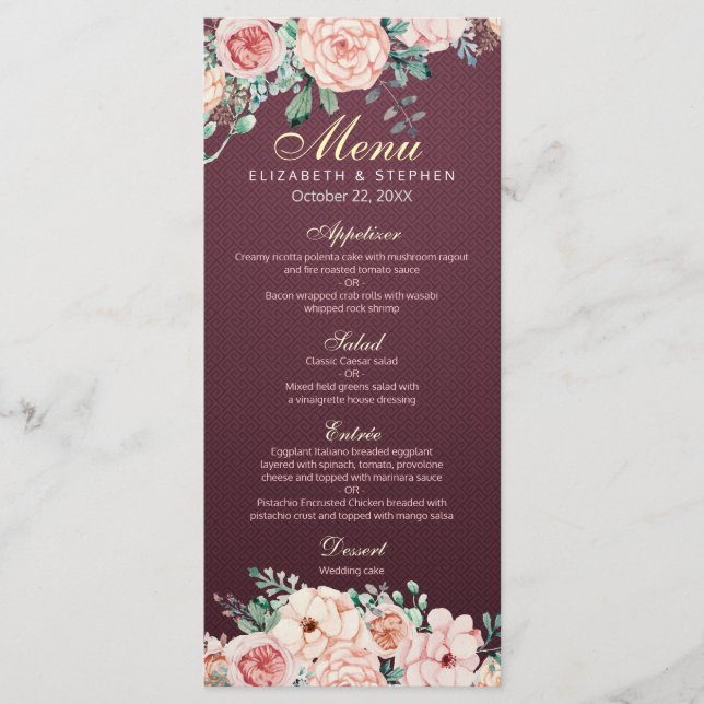 Elegant Burgundy Watercolor Floral Wedding Menu (Front)