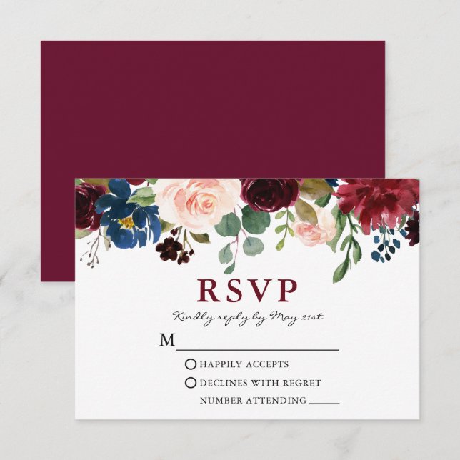 Elegant Burgundy Watercolor Floral Wedding RSVP Card (Front/Back)