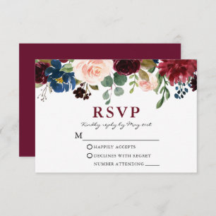 Elegant Burgundy Watercolor Floral Wedding RSVP Card