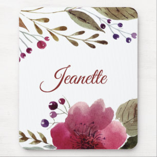 Elegant Burgundy Watercolor Flowers Monogrammed Mouse Pad