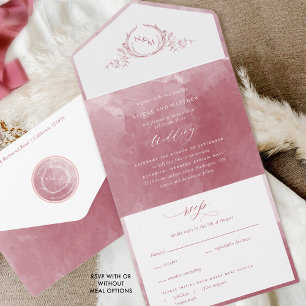 Elegant Burgundy Watercolor Monogram Wedding  All  In One Invitation