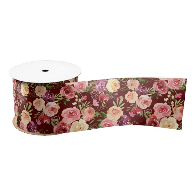 Elegant Burgundy Watercolor Peony Floral Wedding Satin Ribbon (Spool)