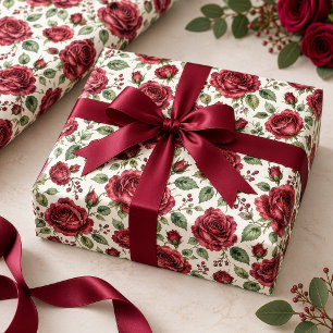 Elegant Burgundy Watercolor Rose Garden Wrapping Paper