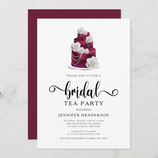 Elegant Burgundy Wedding Cake Bridal Tea Party Invitation (Front/Back)