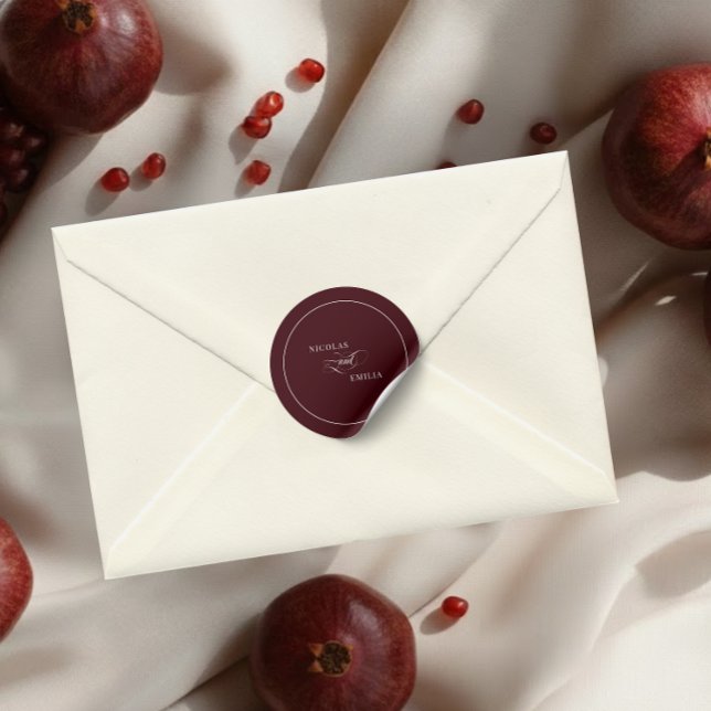 Elegant Burgundy Wedding Classic Round Sticker (Creator Uploaded)
