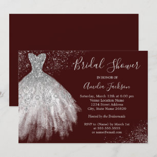 Elegant Burgundy Wedding Gown Bridal Shower Invitation