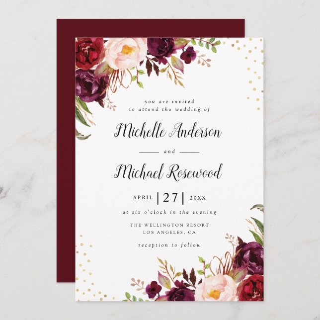 elegant burgundy wedding invitation (Front/Back)