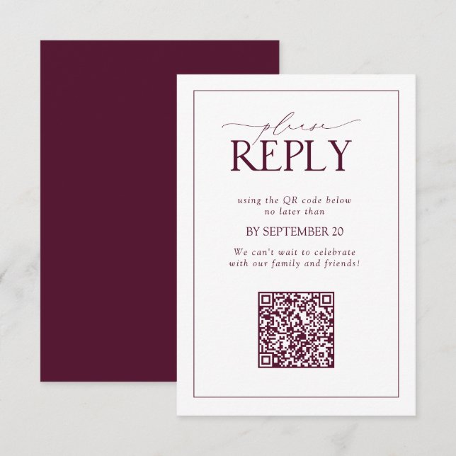 Elegant Burgundy Wedding QR Code Please Reply RSVP Card (Front/Back)