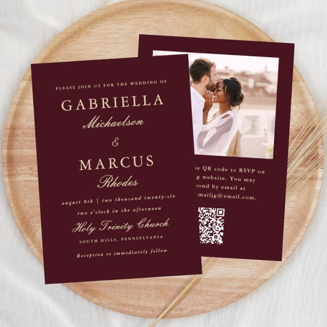 Elegant Burgundy Wedding QR Rsvp Photo Invitation (Creator Uploaded)