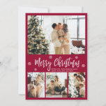 Elegant Burgundy White 4 Photo Collage Christmas Holiday Card<br><div class="desc">Elegant, Modern Burgundy and White 4 Photo Collage Merry Christmas Script Holiday Card. This festive, whimsical, minimalist, (4) four photo holiday card template features a pretty photo collage, some snowflake and says Merry Christmas! The „Merry Christmas” greeting text is written in a beautiful white colour hand lettered typography font type...</div>