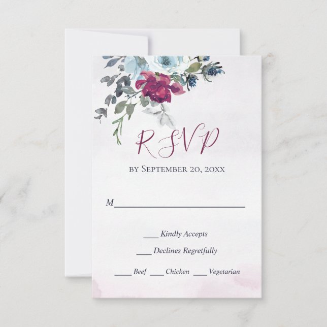 Elegant Burgundy White and Blue Roses Wedding RSVP Card (Front)