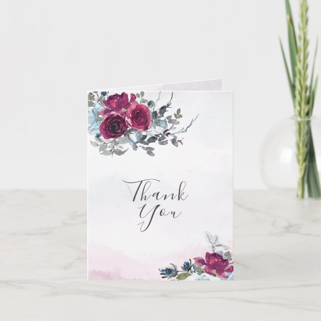 Elegant Burgundy White and Blue Roses Wedding Thank You Card (Front)