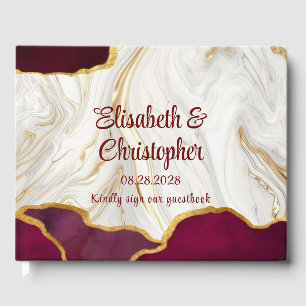 Elegant Burgundy White and Gold Agate Wedding Guest Book