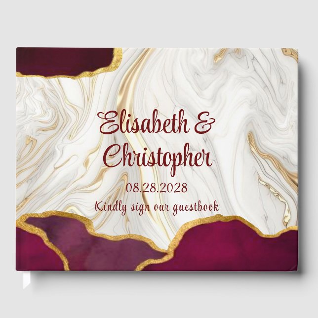 Elegant Burgundy White and Gold Agate Wedding Guest Book (Front)