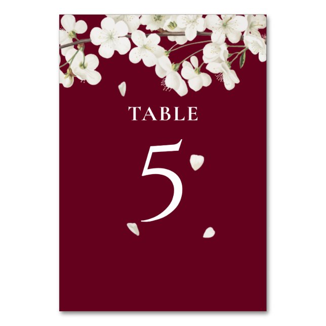 Elegant Burgundy White Blossom Floral Table Number (Back)