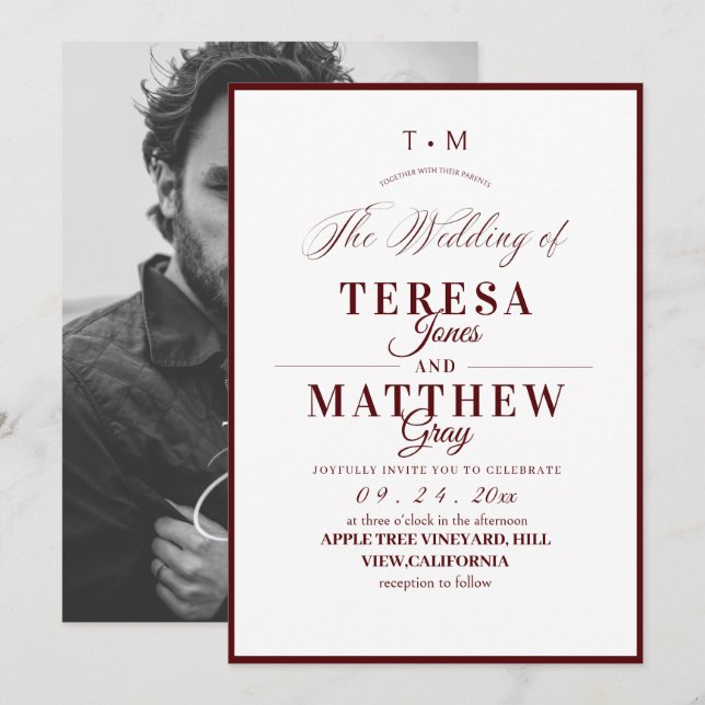 Elegant Burgundy & White Classic Script Wedding Invitation (Front/Back)