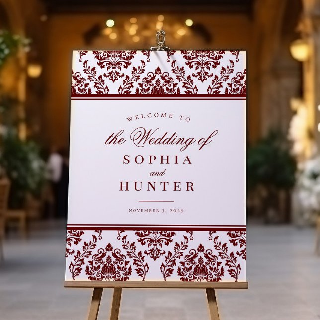 Elegant Burgundy White Damask Wedding Welcome Sign (Creator Uploaded)