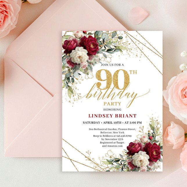 Elegant Burgundy White Floral Gold 90th Birthday  Invitation (Elegant Burgundy White Floral Gold 90th Birthday Invite)