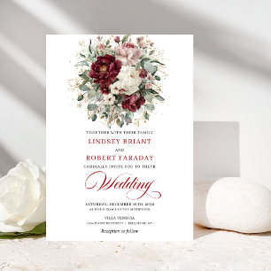 Elegant Burgundy White Floral Greenery Gold Weddin Invitation