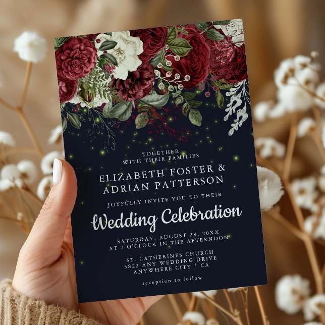 Elegant Burgundy & White Floral | Navy Wedding Invitation (Creator Uploaded)