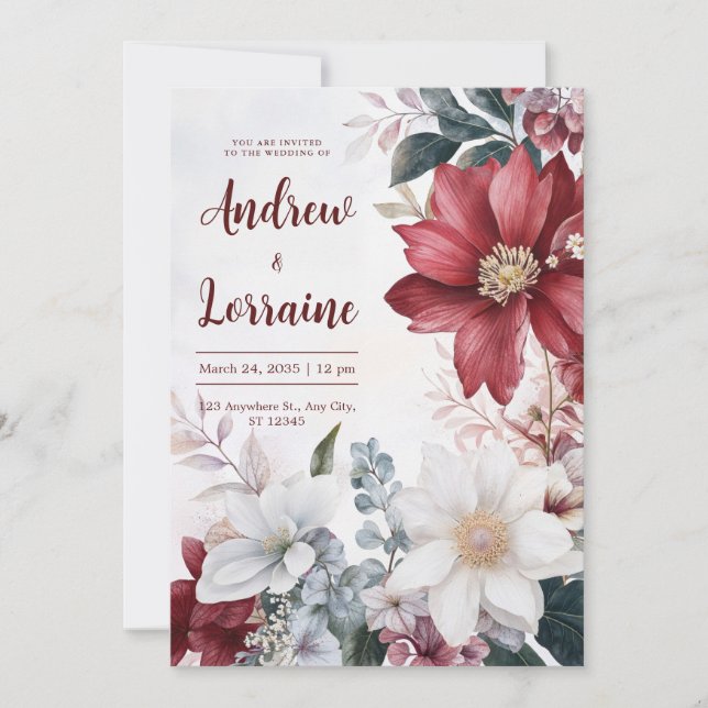 Elegant Burgundy & White Floral Watercolor Wedding Invitation (Front)