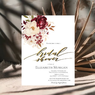 Elegant Burgundy White Flowers Bridal Shower  Invitation